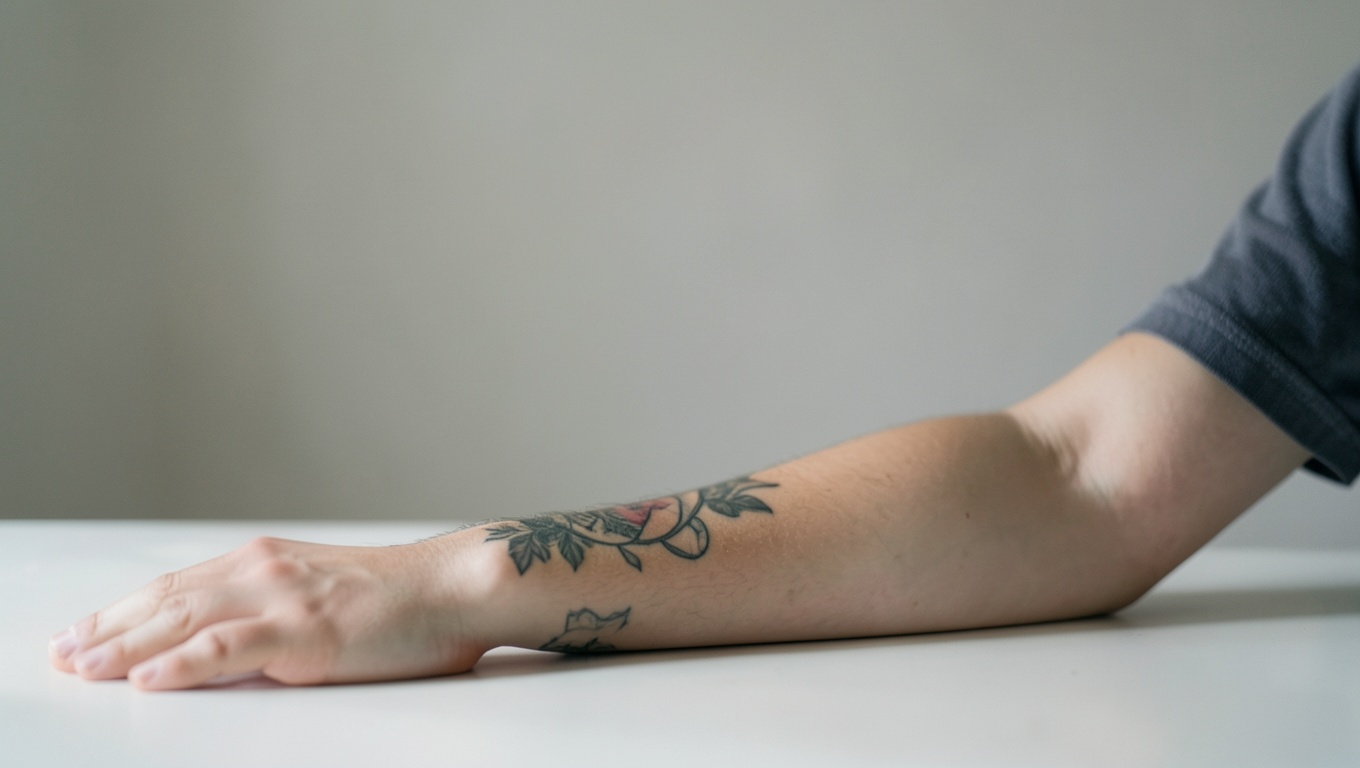 An older tattoo on an arm in soft daylight, considered for cover-up or removal