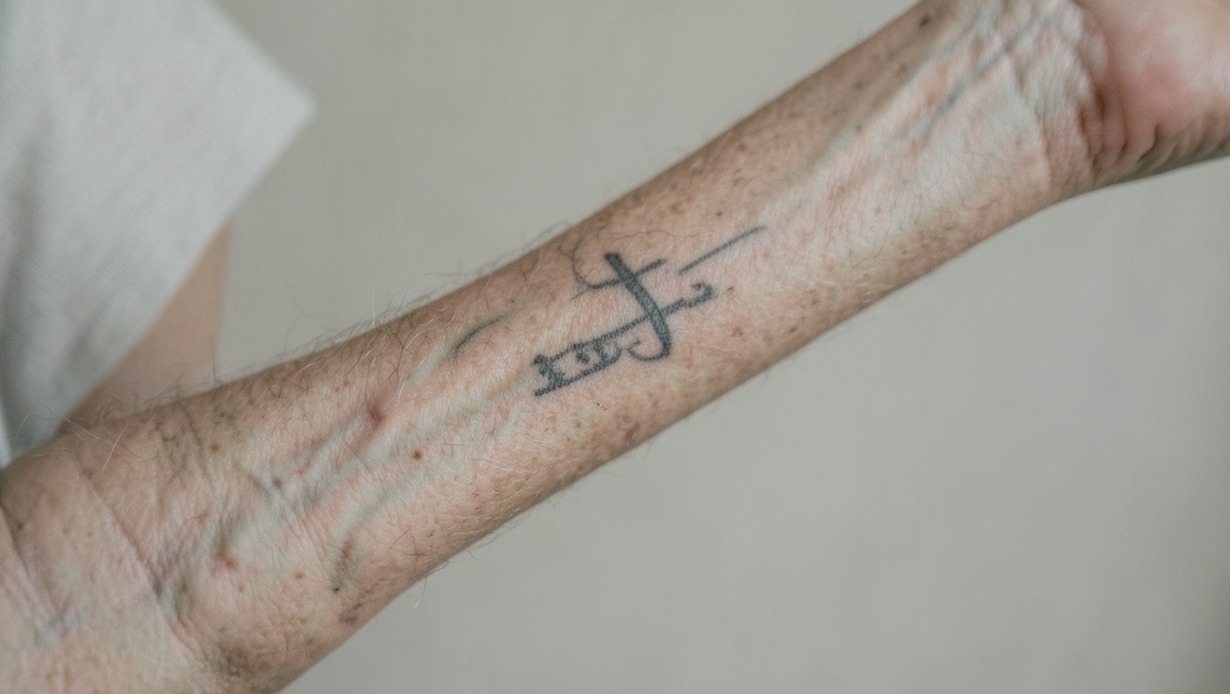 A settled, aged tattoo on a forearm in soft natural light