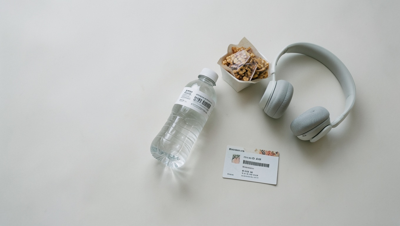 A neat flat lay of water, a snack, headphones and an ID before a tattoo appointment