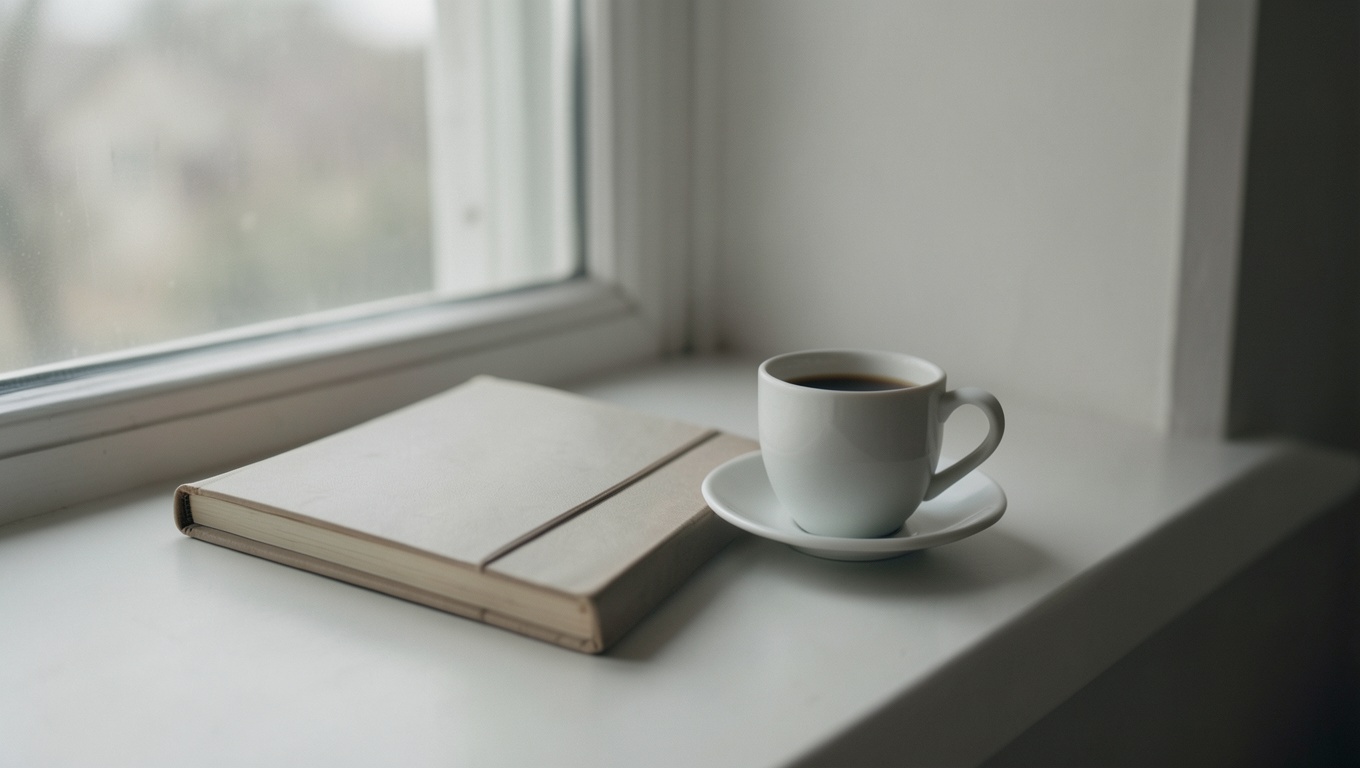A coffee cup and closed notebook on a windowsill in morning light