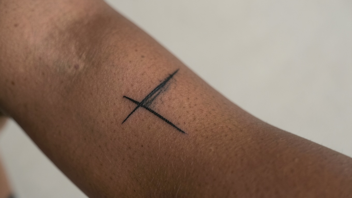 A healed black-ink tattoo on deep brown skin in soft daylight